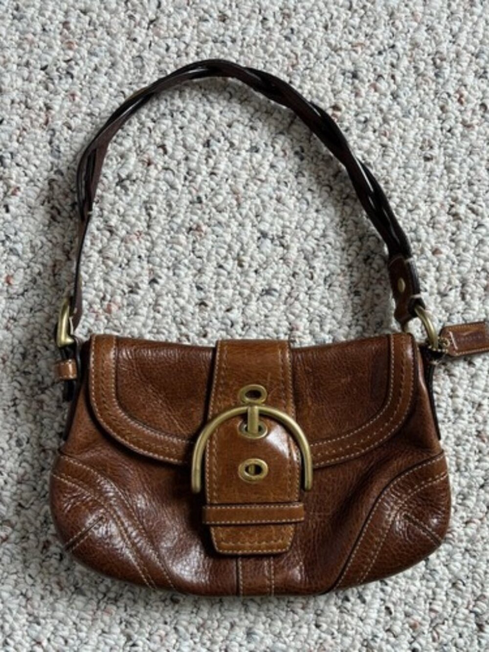 Vintage COACH Soho Pebble Leather Flap Bag Purse with Braided Strap 10317 Brown
